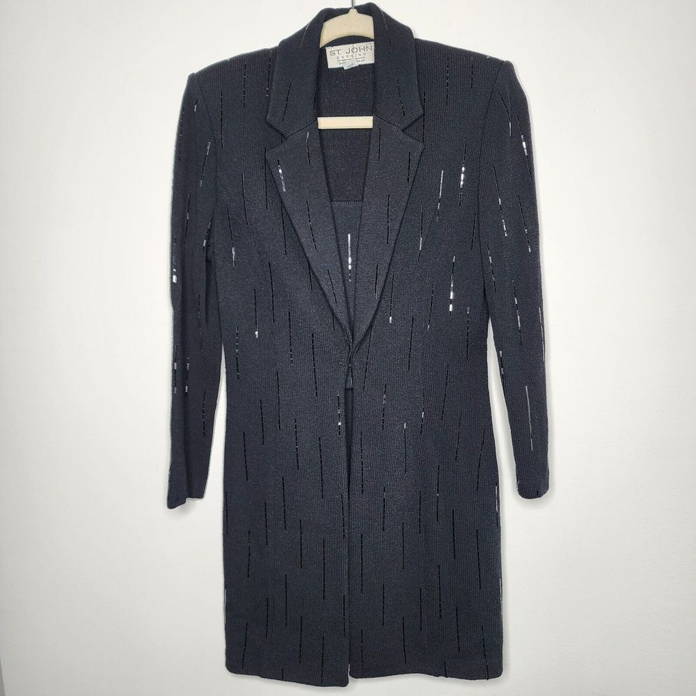 SPARKLY‎ St. John Evening 2 pc. Santana Knit Long Jacket and Long Skirt Black  4 - Picture 2 of 16